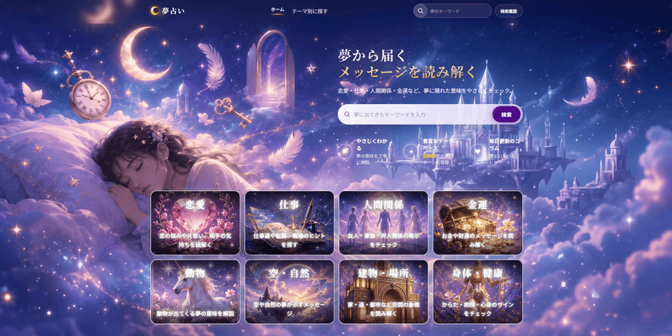 夢占いサイトのトップ画面。眠る女性と幻想的な月・星雲のイラスト、検索バーとナビゲーションが表示されている。