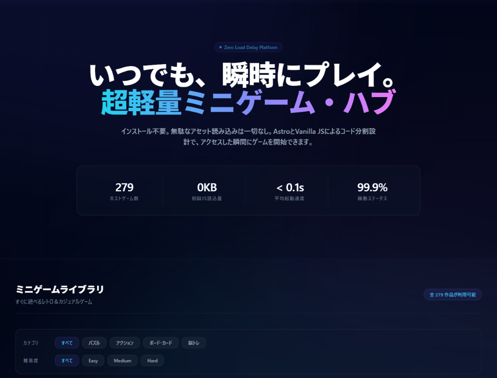 超軽量ミニゲーム・ハブ のトップページ画面イメージ