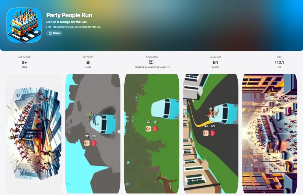 App Store 掲載画面のイメージ。「Party People Run」のアイコン・評価情報・ゲームプレイスクリーンショットが並んでいます。