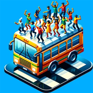 Party Peaple Run のアプリアイコン。バスの上でダンスするキャラクターたちのイラスト。