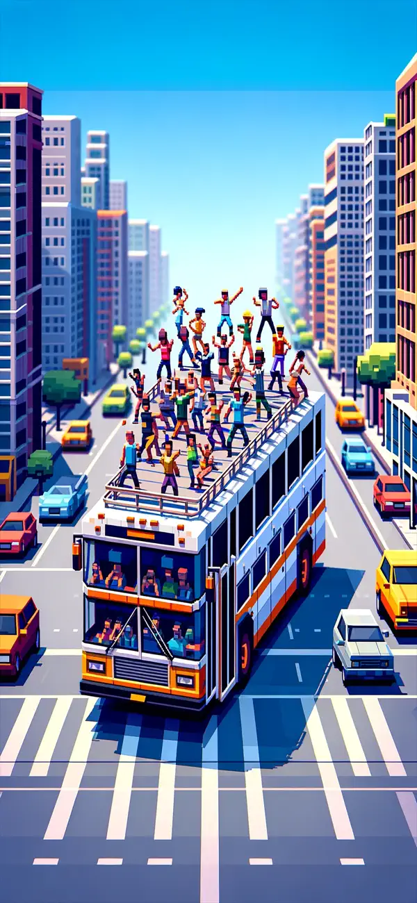 Ilustración vertical del autobús entre rascacielos