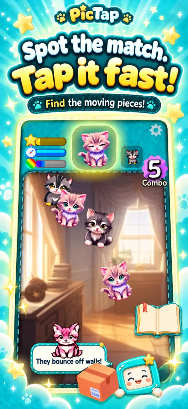 Find and tap matching pictures among moving pieces