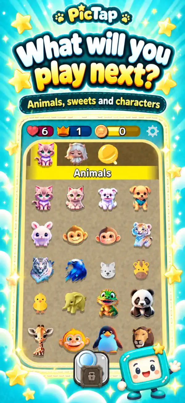 Choose stages featuring animals, sweets and more