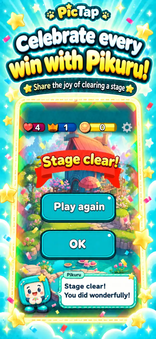 Celebrate stage clears with your guide Pikuru