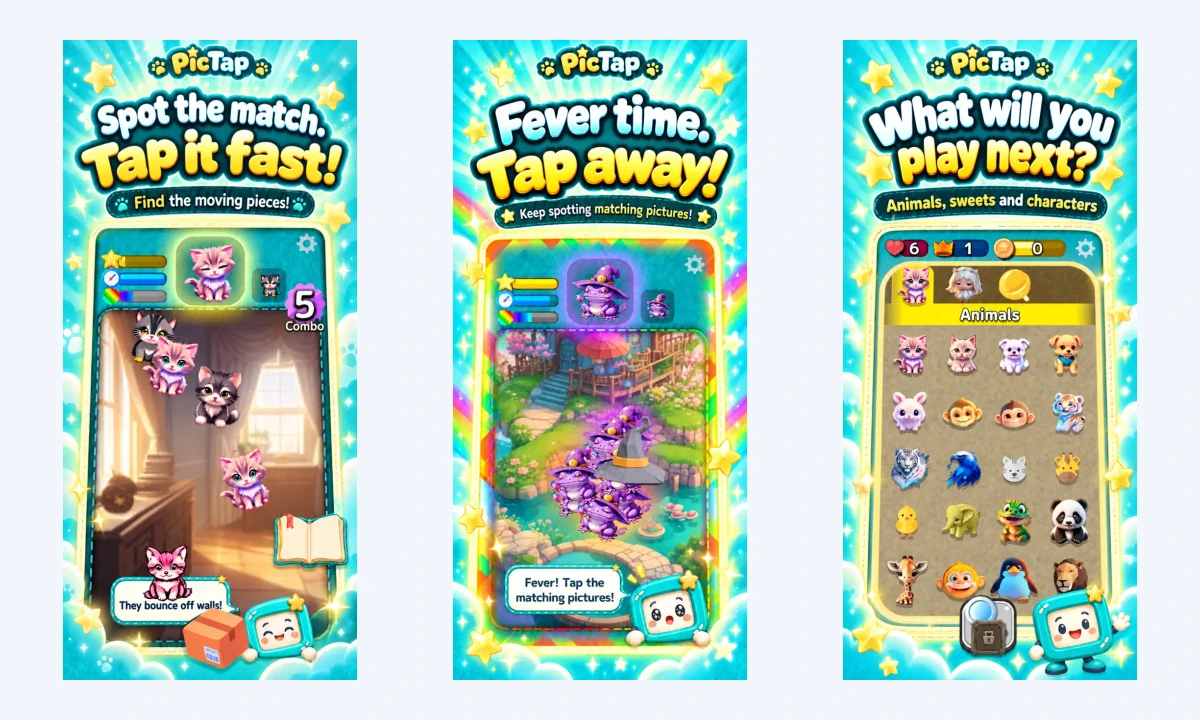 Current PicTap App Store images showing tap controls, Fever Time and stage selection.