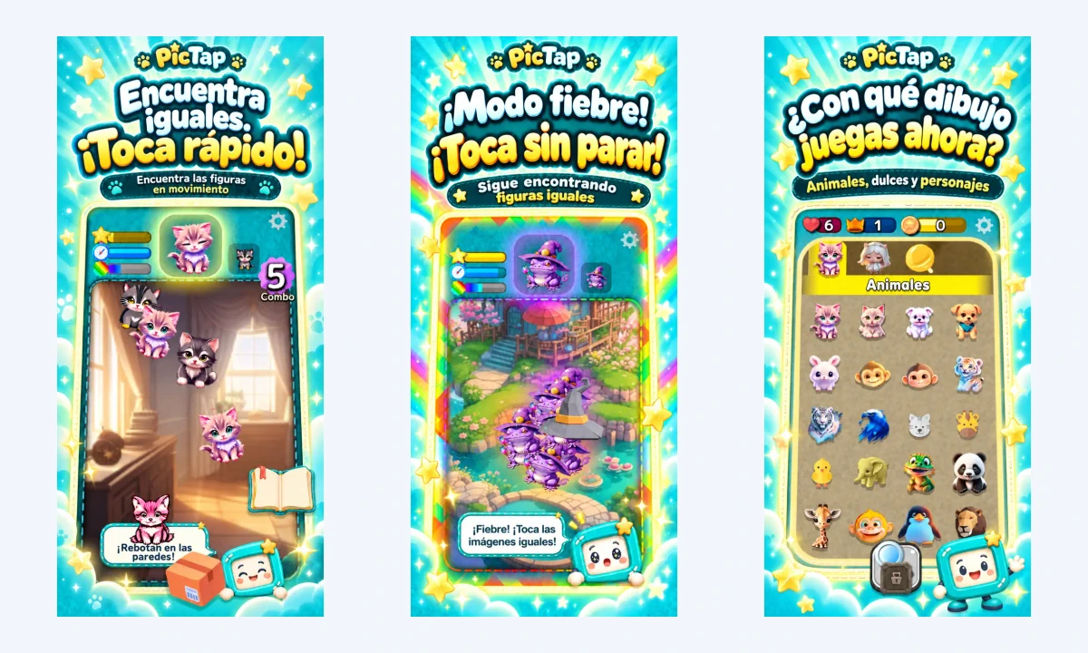 Imágenes actuales de PicTap en App Store: controles táctiles, modo fiebre y selección de escenarios.