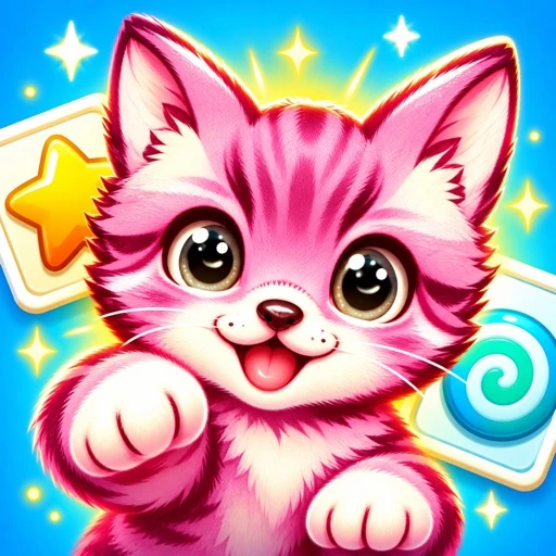 Icono actual de PicTap: gato rosa con piezas de estrella y caramelo sobre fondo azul.