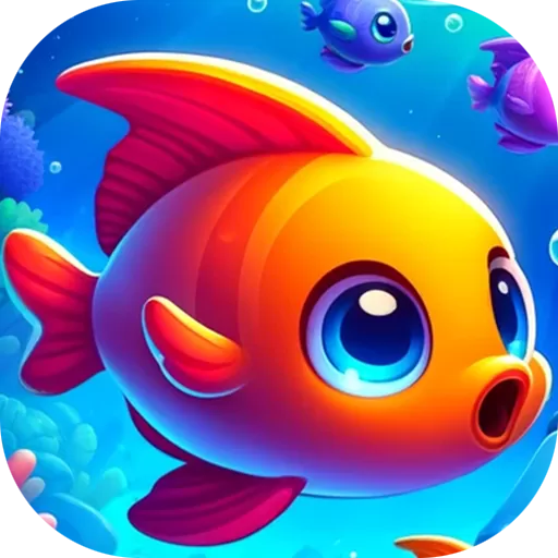Run Run Fish のアプリアイコン。元気なオレンジ色の魚が水の中を泳ぐイラスト。