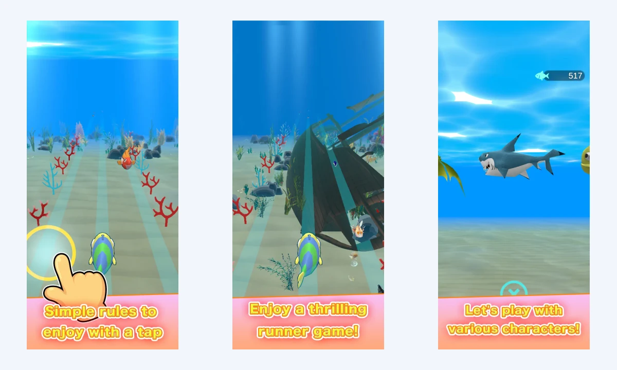 Current official App Store images for Run Run Fish, shown in full in a showcase layout.