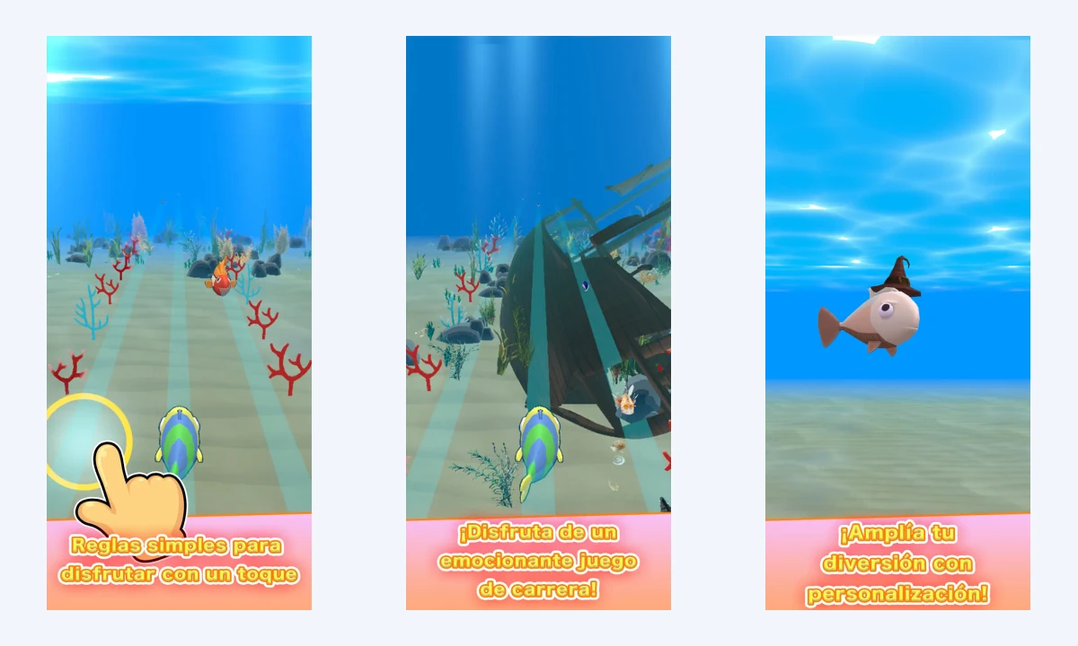 Imágenes oficiales actuales de Run Run Fish en App Store, mostradas completas en una composición.
