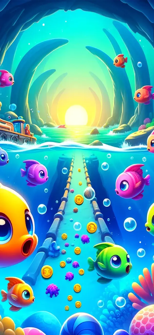 Underwater key art with colorful fish and coins