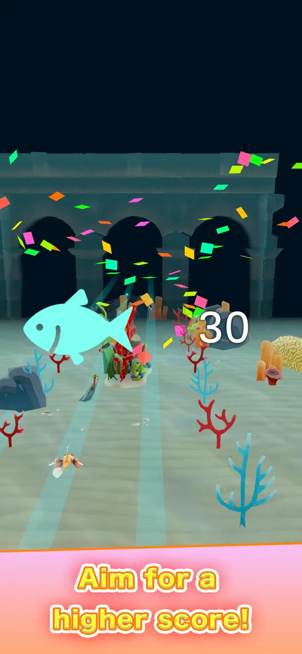 Score screen with a fish and confetti
