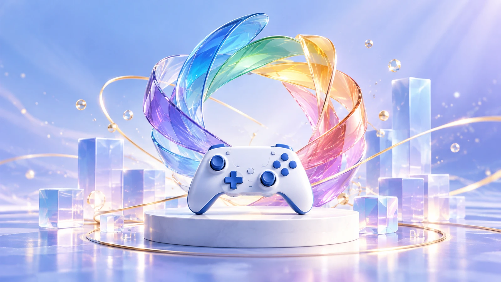 Un mando de videojuegos rodeado de cintas de vidrio de colores para celebrar el aniversario de la empresa.