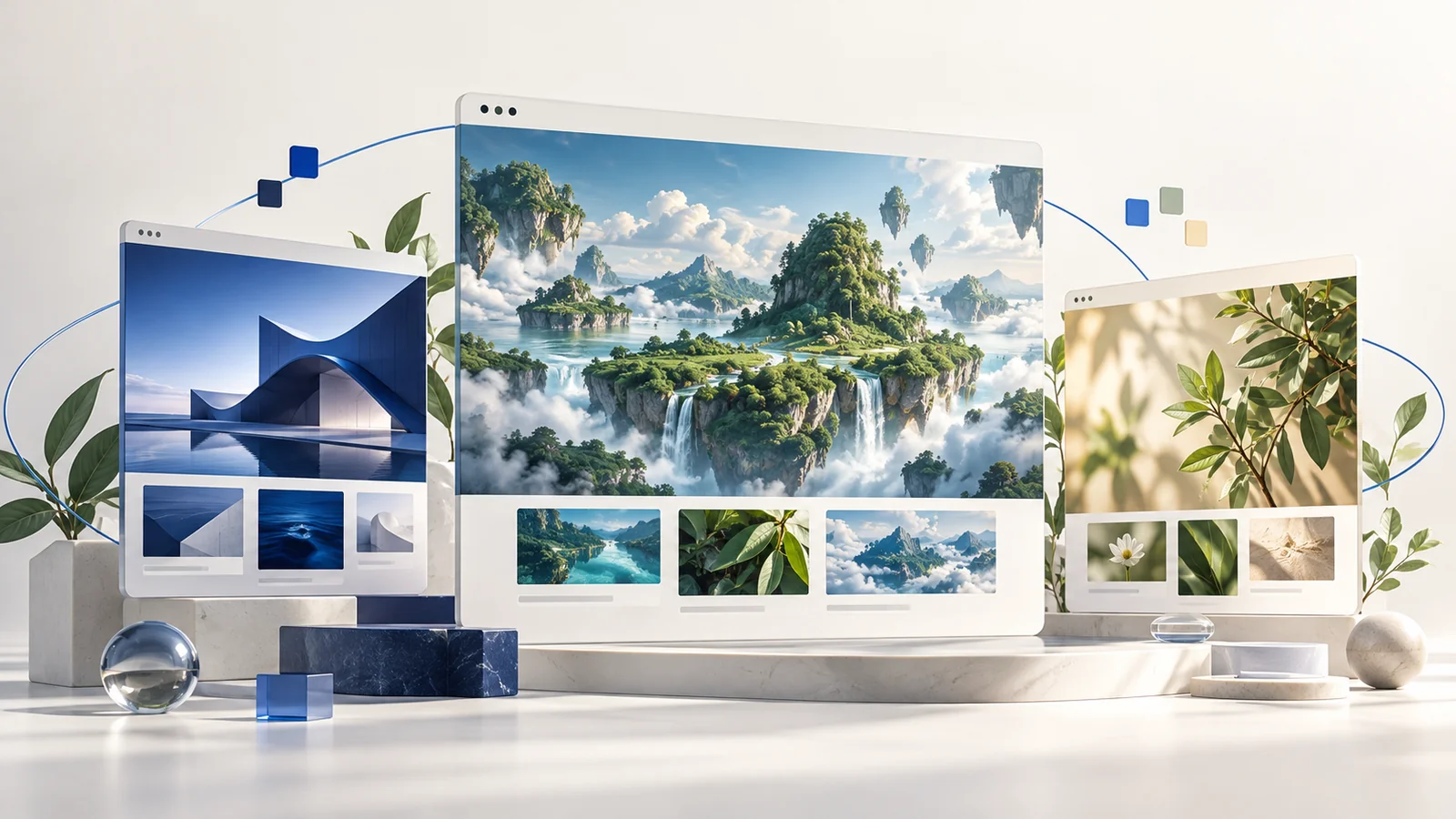Ilustración conceptual de proyectos web, con paisajes, arquitectura y plantas en tres paneles.